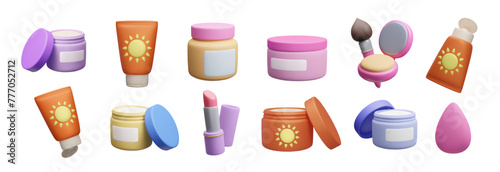3D makeup cosmetic product bundle isolated on white. Cute cartoon style colorful 3D cream jar, facial powder palette, beauty blender brush, lipstick, sunscreen lotion bottle set. Beauty skincare set.