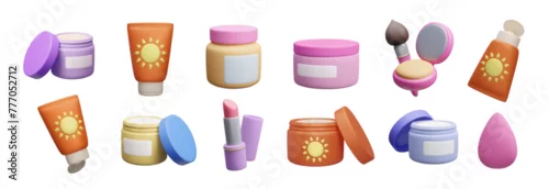 Obraz 3D makeup cosmetic product bundle isolated on white. Cute cartoon style colorful 3D cream jar, facial powder palette, beauty blender brush, lipstick, sunscreen lotion bottle set. Beauty skincare set.