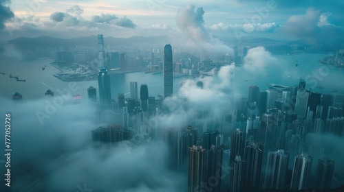aerial view Fog covers the city center and tall buildings. © เลิศลักษณ์ ทิพชัย