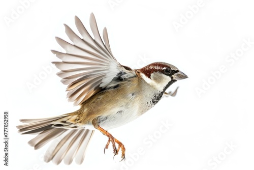 Creates Isolated Image of House Sparrow in Flight over White Background © Web