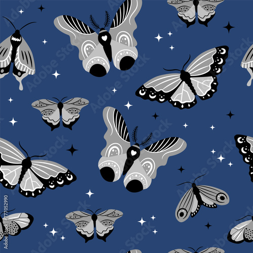 Vector seamless pattern with black and white butterflies on dark blue background. Beautiful trendy background for packaging  fabric  wallpaper.