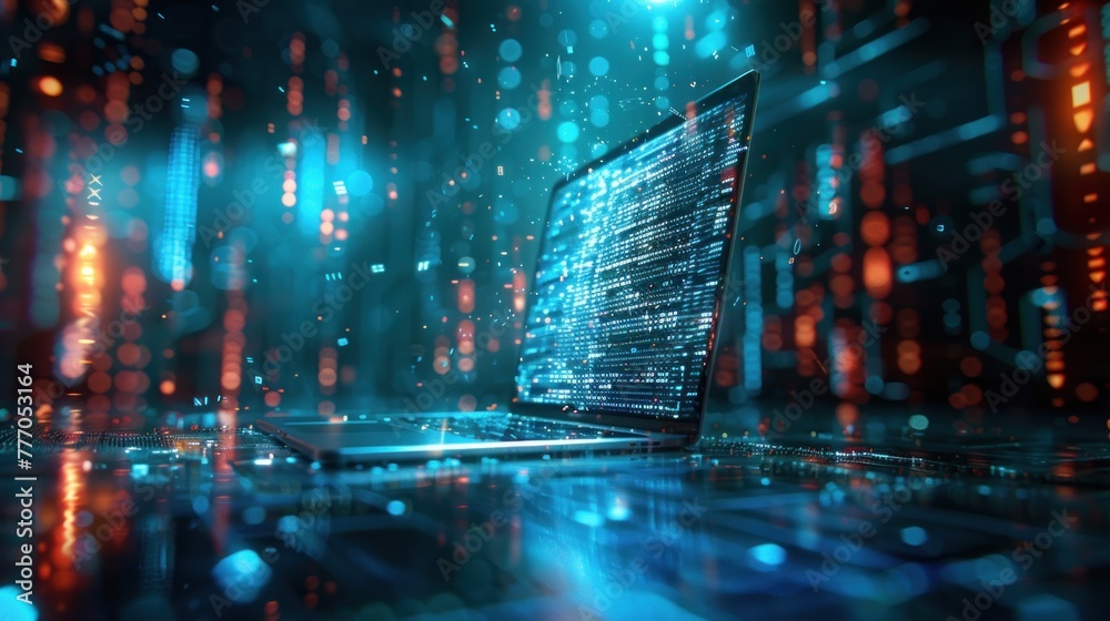 A holographic display of a computer screen with code overflowing from