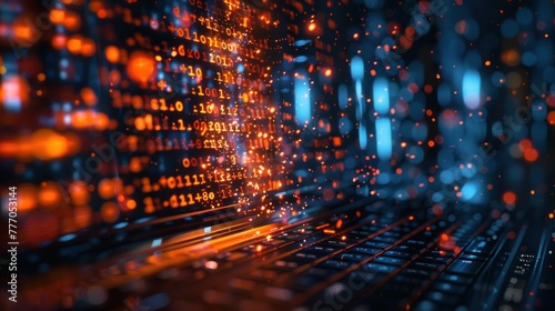 A holographic display of a computer screen with code overflowing from it. Holographic display of stock trends symbolizing digital financial revolution concept, 3D perspective.