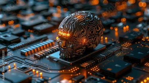 A electronic brain on motherboard or artificial intelligence The theme of using modern technology and futuristic artificial intelligence brain concept.