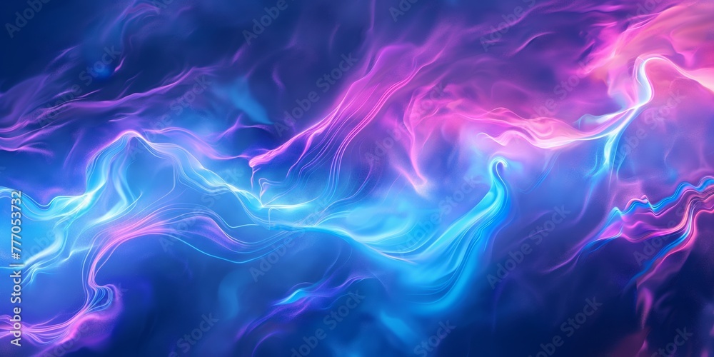 Vibrant abstract composition with intertwining neon light trails in blue and pink hues