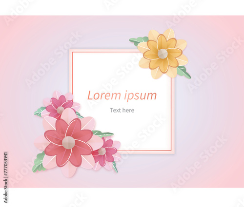 A papercut-style greeting card poster with red flowers and yellow flowers against a pink background.
