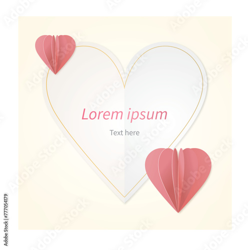 A papercut-style greeting card poster with red hearts and heart frames on a beige background.