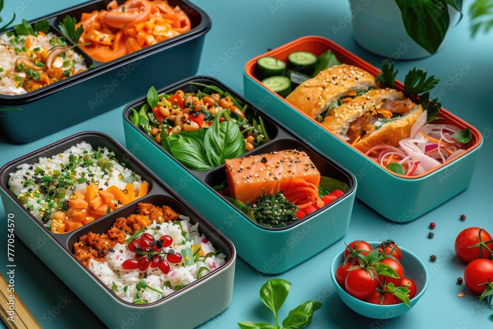 Set of lunch boxes with tasty food on color background Set of lunch boxes with tasty food on color background