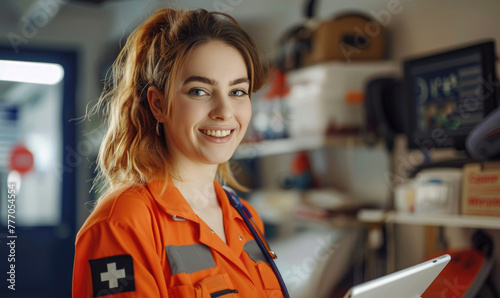 Smiling female paramedic wi...
