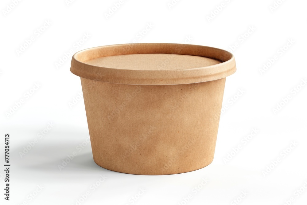Front view of brown disposable paper bowl with plastic lid isolated on white Front view of brown disposable paper bowl with plastic lid isolated on white