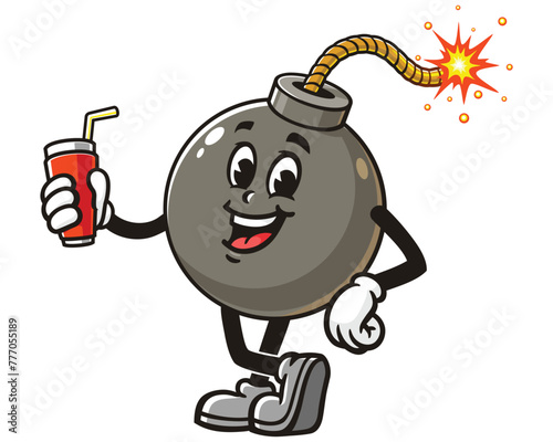 Bomb holding soft drink cartoon mascot illustration character vector clip art hand drawn