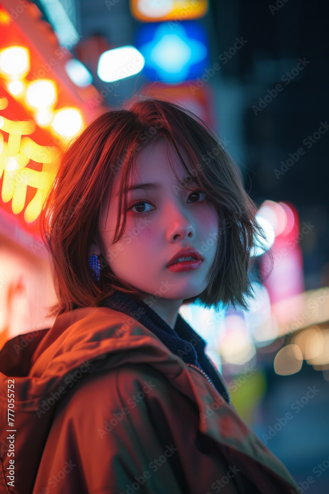 Fototapeta premium A beautiful short hair woman wearing a jacket on a street