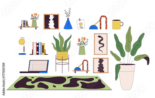 House interior design details 2D linear cartoon objects set. Home office arrangement isolated line vector elements white background. Living room decoration color flat spot illustration collection