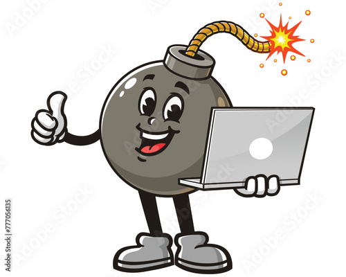 Bomb holding laptop cartoon mascot illustration character vector clip art hand drawn