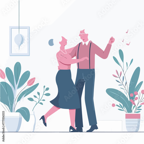 Vector grandfather and grandmother couple dancing in flat design style