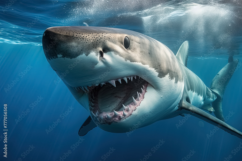 Naklejka premium Great white shark underwater. Generative Ai