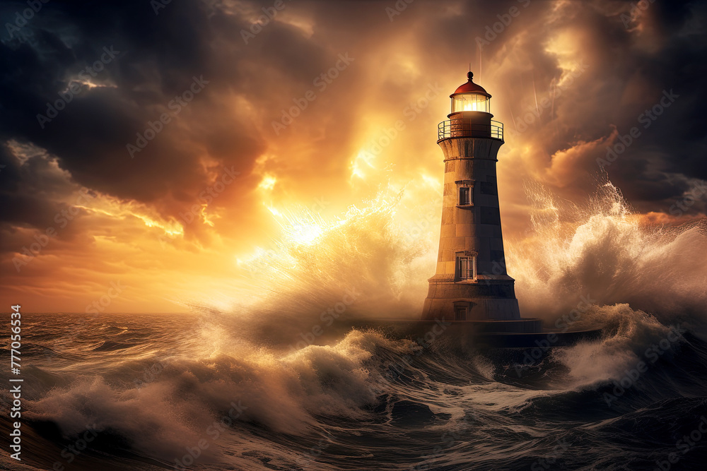 Lighthouse in stormy sea with light rays. Generative Ai