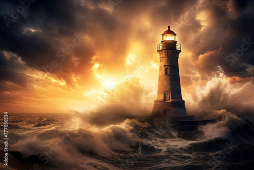 Lighthouse in stormy sea with light rays. Generative Ai