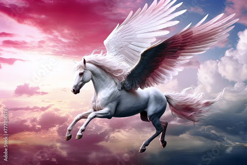 White Pegasus with wings flying in the sky. Generative Ai