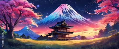 Colorful Vibrant Anime Sunset Landscape of a Traditional Japanese House with Galactic Sky Wallpaper Background © Nouzen