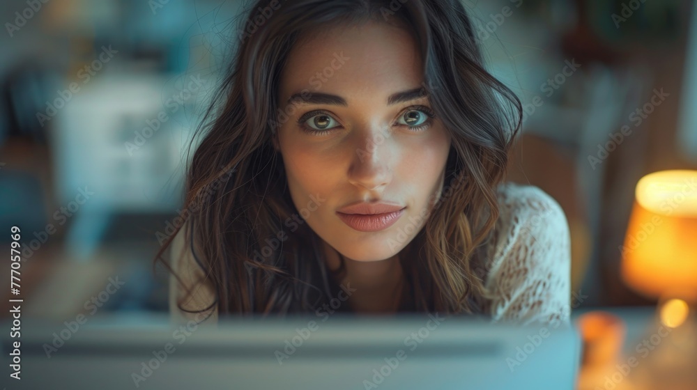 Creative Focus at Work, woman with wavy hair glows in the warm light, deeply focused on her computer screen Creative Focus at Work, woman with wavy hair glows in the warm light, deeply focused on her computer screen