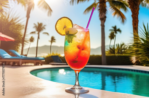 Tropical cocktail on the background of palm trees, sun, concept of vacation, travel.