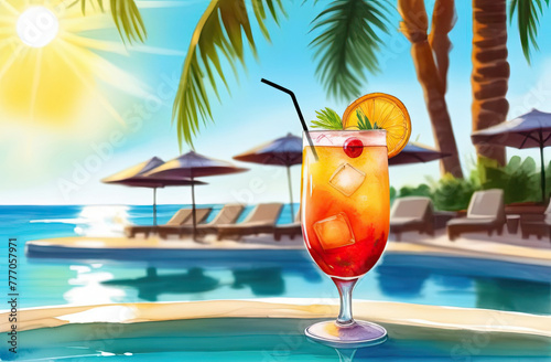 Tropical cocktail on the background of palm trees, sun, concept of vacation, travel.