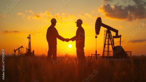 Sunset Deal in Oil Fields, Silhouetted engineers shake hands in an oil field against a dramatic sunset, symbolizing agreement and industry