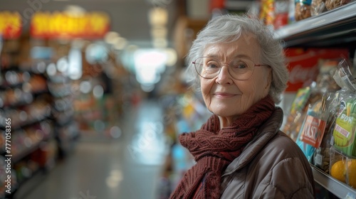 portrait of elderly woman in grocery shop or supermarket next to shelves with products, smile and look to camera.