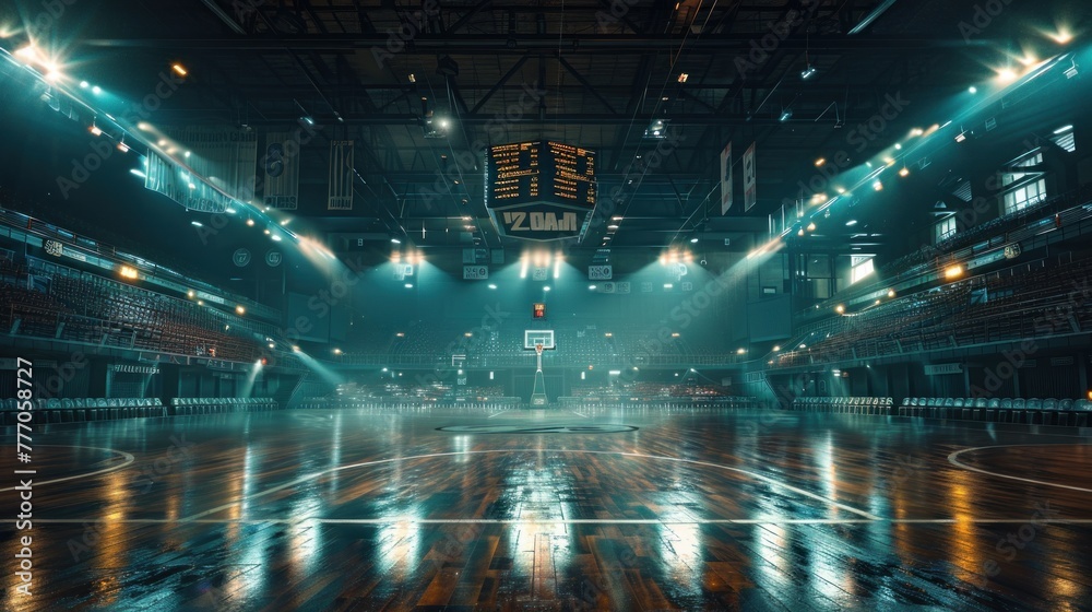 An empty indoor basketball court with no people Landscape image with copy space for the background of a professional basketball court in a large stadium. There are rows of empty seats.
