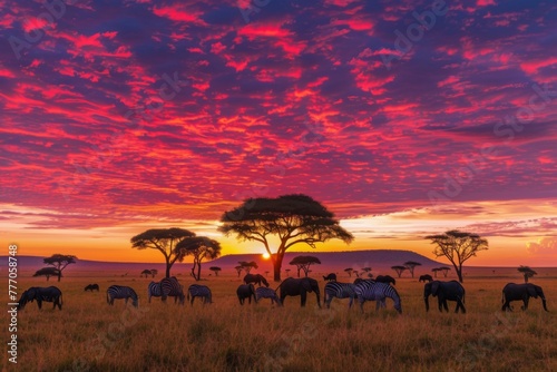 Vibrant Sunset Sky Over Elephants and Zebras in Savannah. 