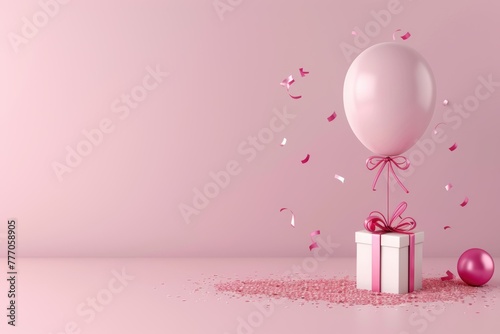 Pink balloon with gift box and confetti on pink background. 3D Render