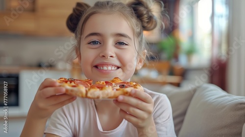 3D rendering of Close up view of happy hungry pretty girl sitting on sofa at home and eating tasty pizza, enjoying and smiling