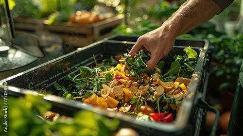 Food scraps, such as vegetables, fruits, and eggshells, are thrown into the compost bin to separate and make bio-fertilizer for the kitchen or garden.