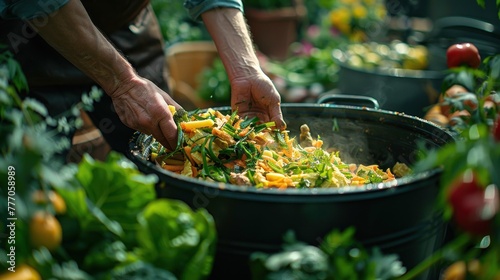 Composting involves throwing food scraps into the compost bin, such as vegetables, fruits, and eggshells, to separate and make bio-fertilizer in the kitchen or garden at home.