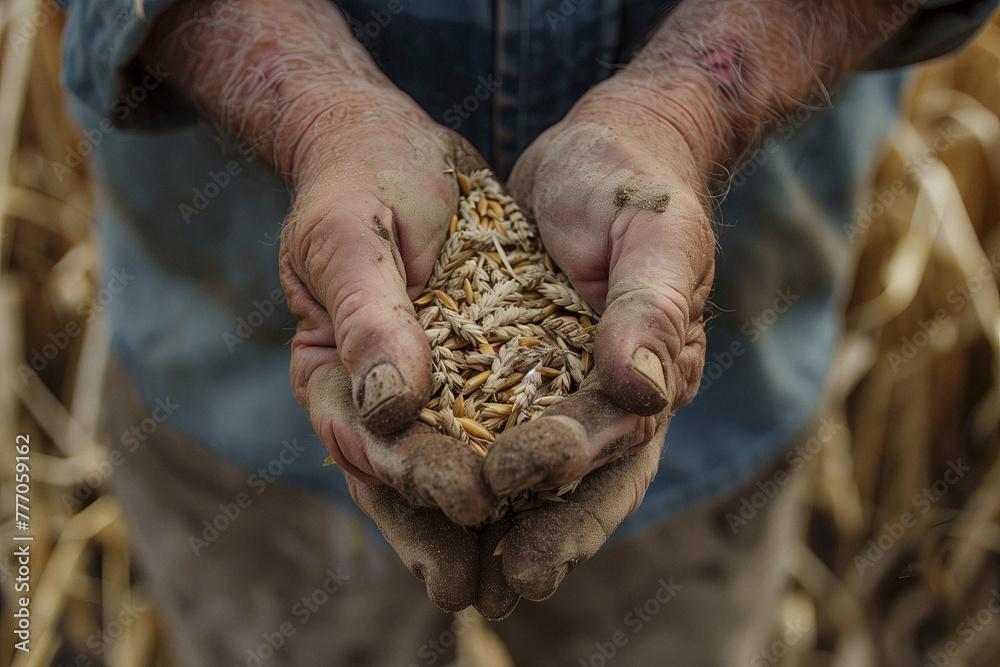 Farmer's Hands Full of Harvested Grain. Weathered hands cradle a handful of harvested wheat, symbolizing hard work and the harvest season.