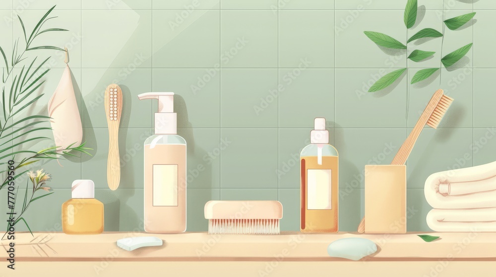 illustration of Set of Eco cosmetics products and tools. Soap, Shampoo Bottles, bamboo toothbrush, natural wooden brush. Zero waste, Plastic free. Sustainable lifestyle concept