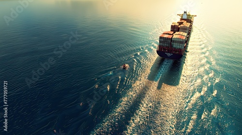 A large cargo ship loaded with containers navigates across the vast blue ocean under a clear sky, mountains in the distance..