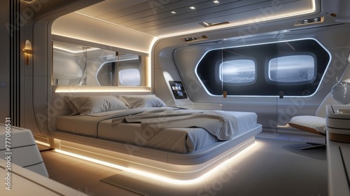 This bedroom is a techlovers dream with the walls and bed headrest serving as sleek control panels for all the rooms features. From dimming the lights to turning up the music everything .