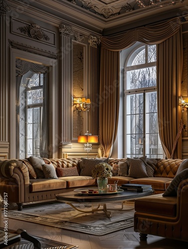 The image showcases an elegantly designed living room with classic furniture, warm lighting, and a luxurious feel, accentuated by rich textures and architectural details.. © Natpasit