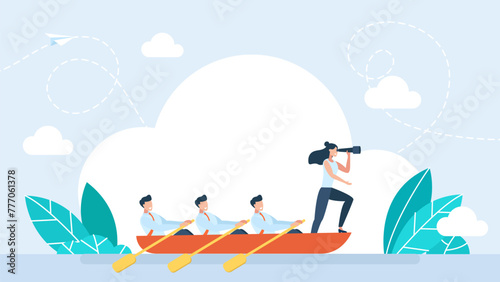 Confident businesswoman, boat captain, uses spyglass for future vision. Business team on boat. Confident leader woman points direction. Female boss steers ship with rudder. Vector illustration