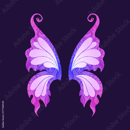 Vector card of neon butterfly wings. Tracery elf wings on a dark background. Fairytale gradient card