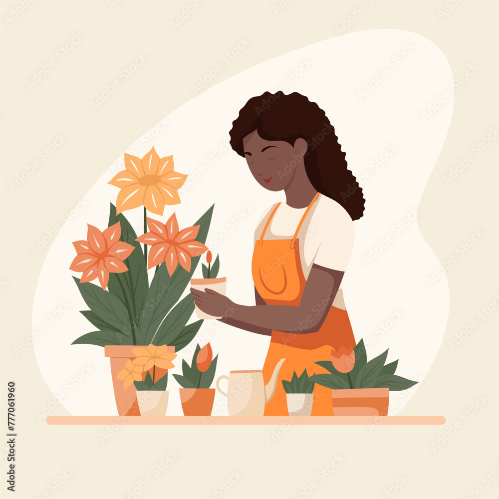Vector flat illustration of a cute african woman gardener in an apron with flowers in pots. Hobbies floristry and a pleasant pastime. Illustration for articles and postcards Vector flat illustration of a cute african woman gardener in an apron with flowers in pots. Hobbies floristry and a pleasant pastime. Illustration for articles and postcards