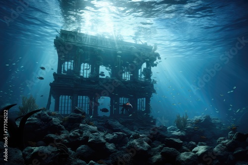 Underwater city under onstruction, Underwater construction of a marine habitat, Illustration of an ancient underwater city, AI generated
