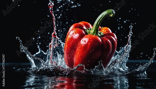Vibrant bell peppers cascading into water, generating captivating splashes against a dramatic black background