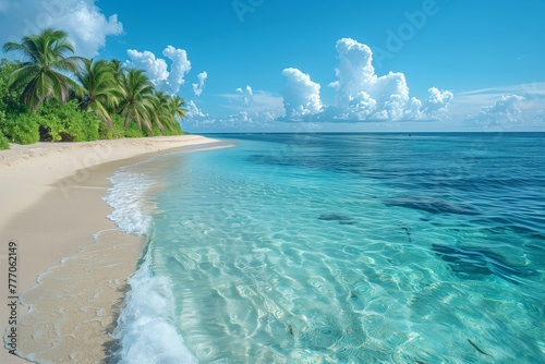 A picturesque natural landscape with palm trees lining the azure beach, crystal clear waters blending into the blue sky with fluffy clouds
