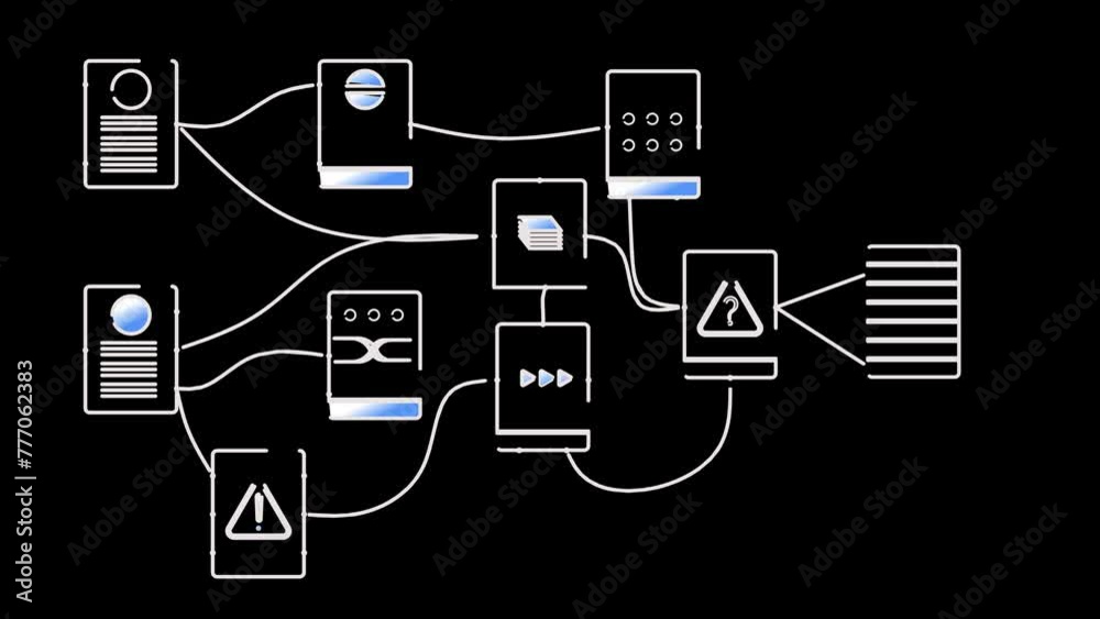Icons with symbols of accumulation, transmission, analysis and classification of information on a black background. Cg