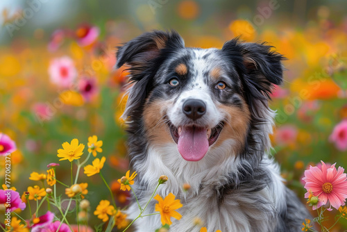 A cute dog sitting in a field of flowers, with its tongue hanging out
