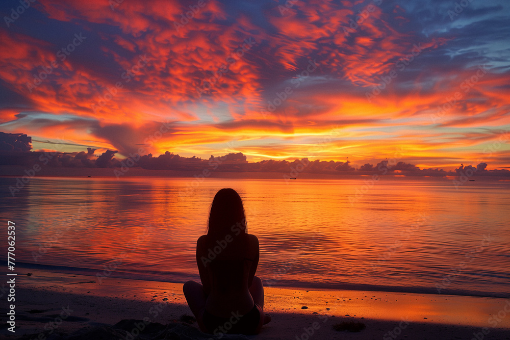 Silhouette of a person sitting peacefully on the beach at sunset.