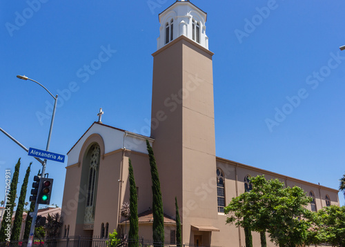 Los Angeles, California, USA, June 21, 2022: The St. Kevin Catholic Church. St. Kevin's Parish was formed in June 1923. It was formerly part of St. Brendan's and St. Basil's. Romanesque architecture.